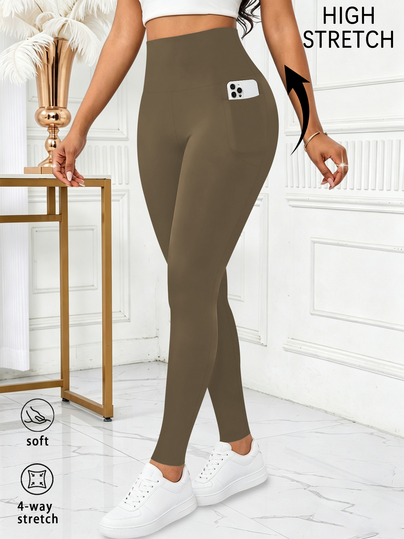 Leggings de sport super doux pour femmes avec poches, taille haute, effet ventre plat, pour entraînement, yoga, course à pied
