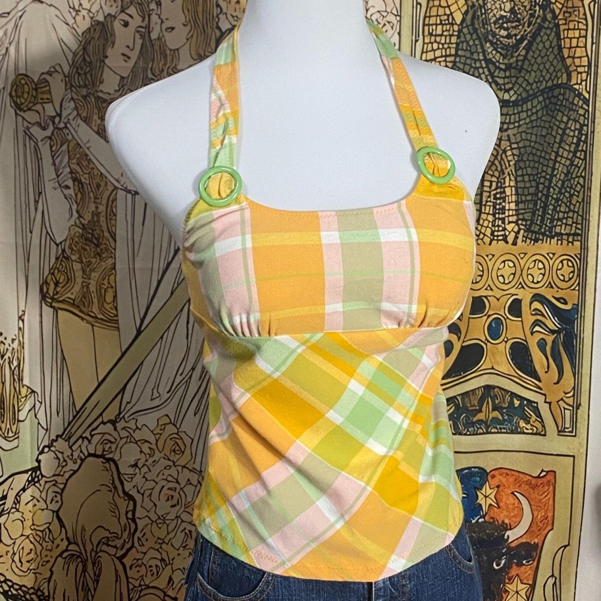 Débardeur Halter Vintage Japonais à Carreaux pour Femme, Sexy, Dos Nu, Sans Manches, Coupe Ajustée, Style Y2K Spicy Girl, Crop Top, Vêtement d'extérieur