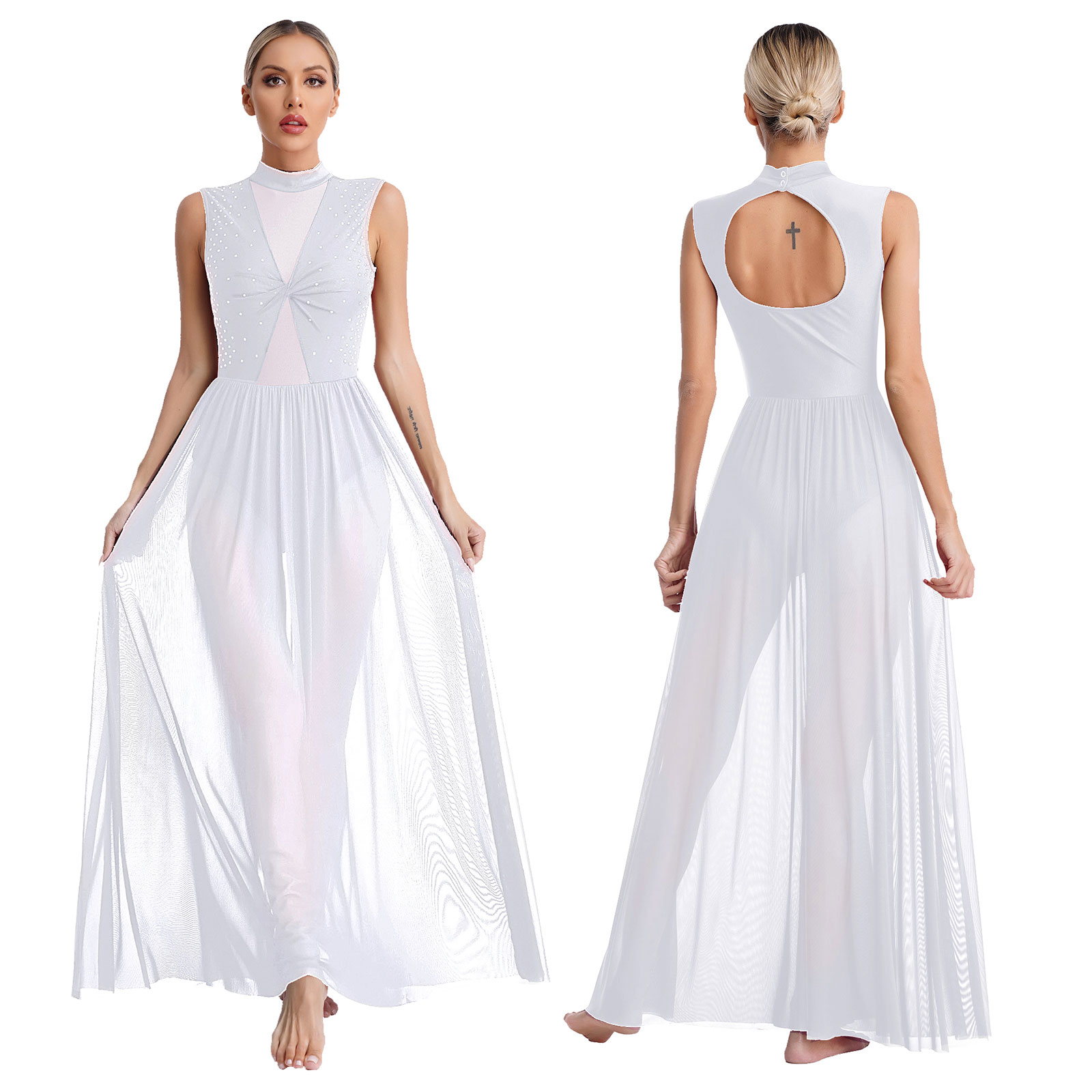 Femmes danse lyrique longue robe découpe dos pleine longueur superposition justaucorps Costume dame Latin Rumba Tango Maxi robe Dancewear