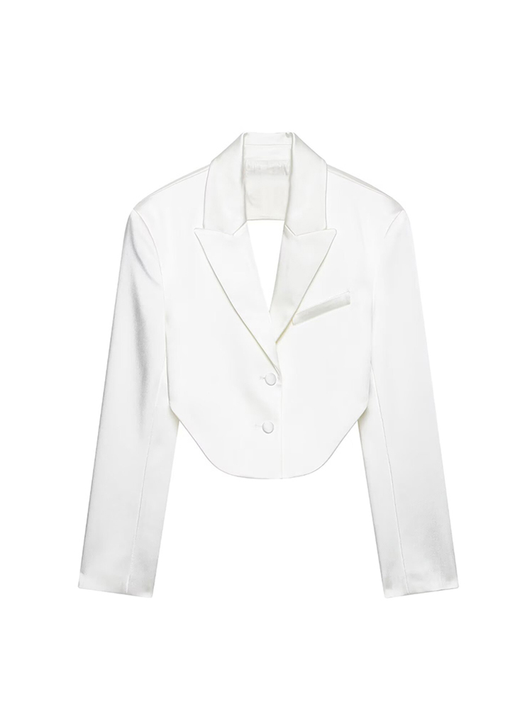 Ensemble tailleur décontracté TFMLN pour femme : Blazer court en satin à revers et dos nu, pantalon large coupe ballon – Nouvelle collection 2026