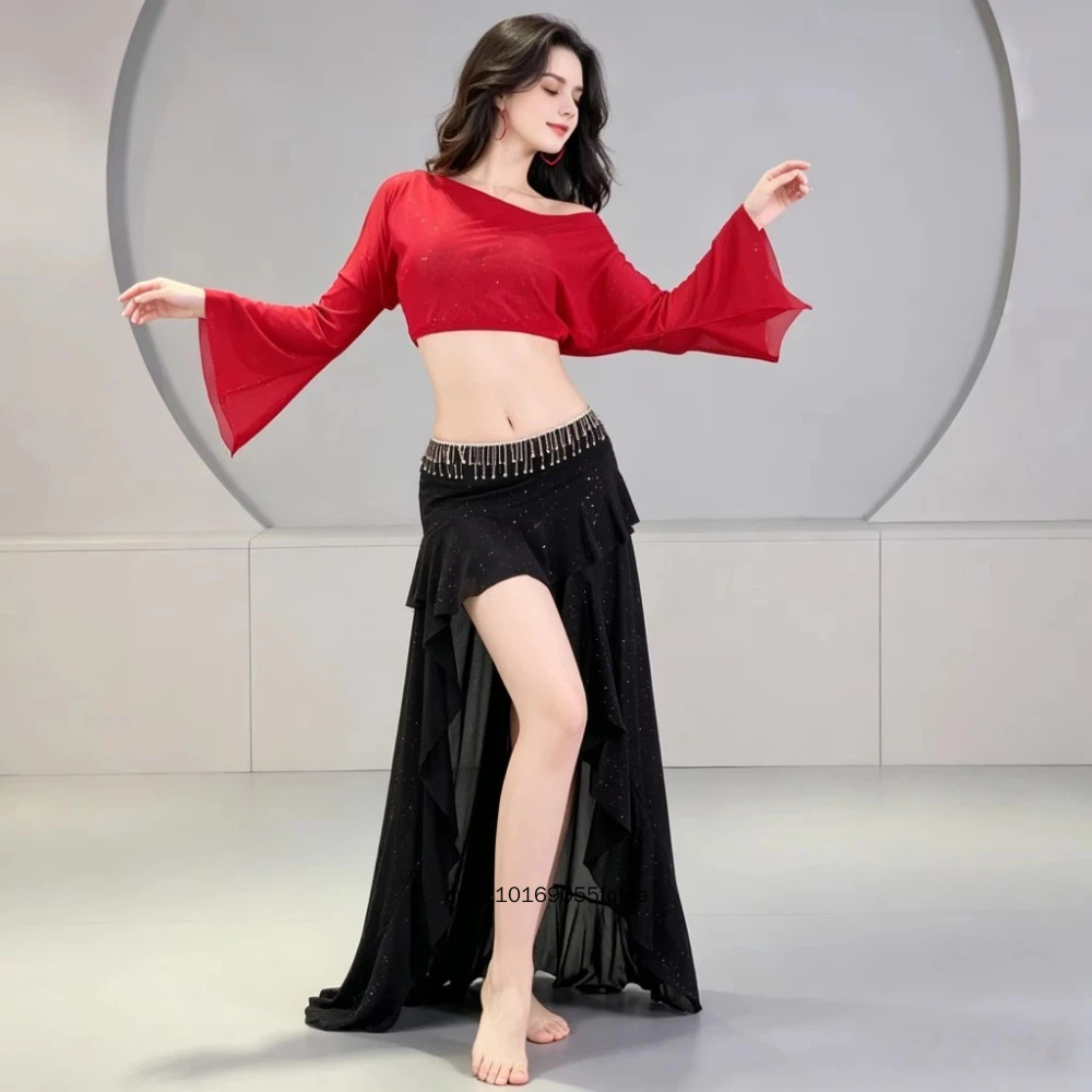 Nouvelle tenue de danse orientale pour femmes, ensemble jupe longue fendue à manches trompette, costume de performance et d'entraînement de danse du ventre