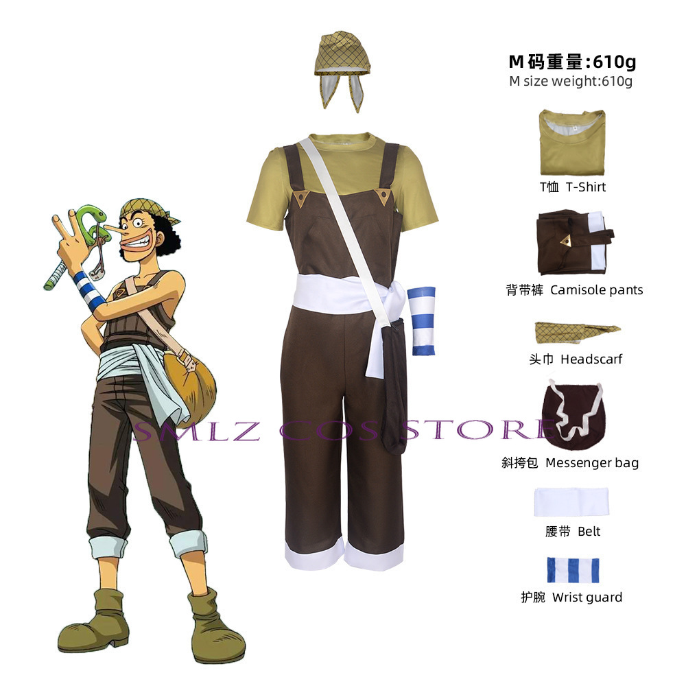 Costume Cosplay Usopp Anime GOD Barboteuses Brunes, T-shirt Blanc Scraft, Sac Bandeau, Halloween, ixde Noël, Tenue de Jeu