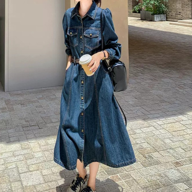 Robes en jean pour femmes, coupe trapèze, unies, longueur mi-mollet, manches longues, poches, simple boutonnage, style décontracté chic pour le bureau, Printemps 2026