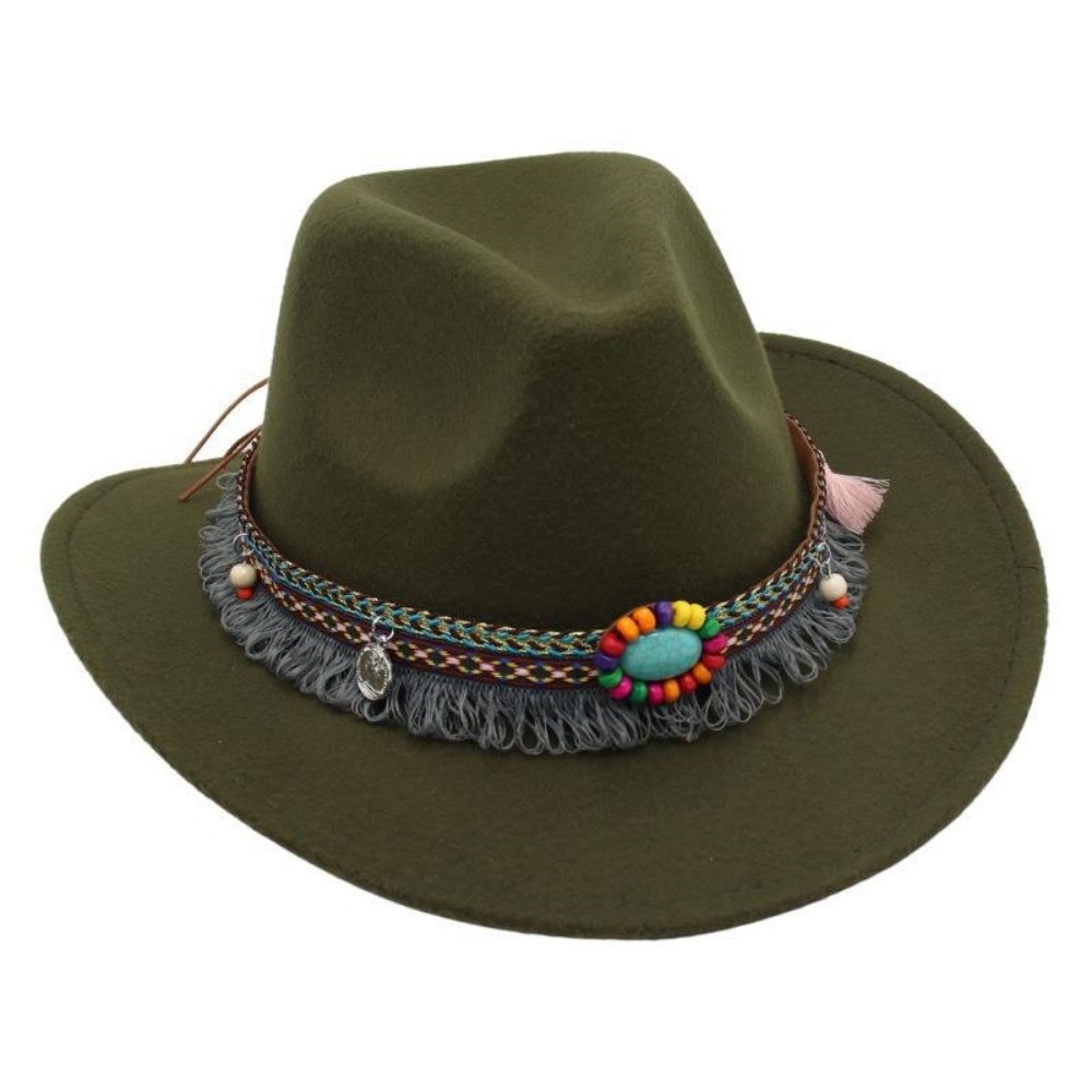 Chapeau de cowboy de style ethnique occidental, couleur unie avec pompons, chapeau tibétain à large bord, chapeau de cowgirl coloré à bord roulé en corde