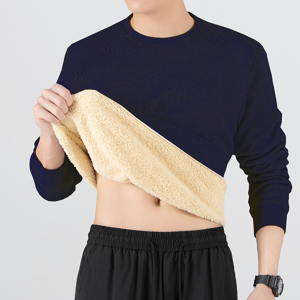 Sweat-shirt épais et chaud en laine d'agneau pour homme, couleur unie, épaules tombantes, col rond, peluche thermique, coupe-vent, polaire, hiver