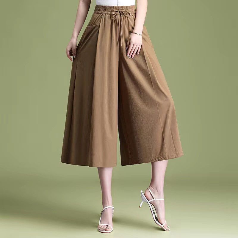 Pantalon Capri Femme Taille Haute Ample et Décontracté avec Poches, Couleur Unie, Jambe Large, Nouvelle Collection Été
