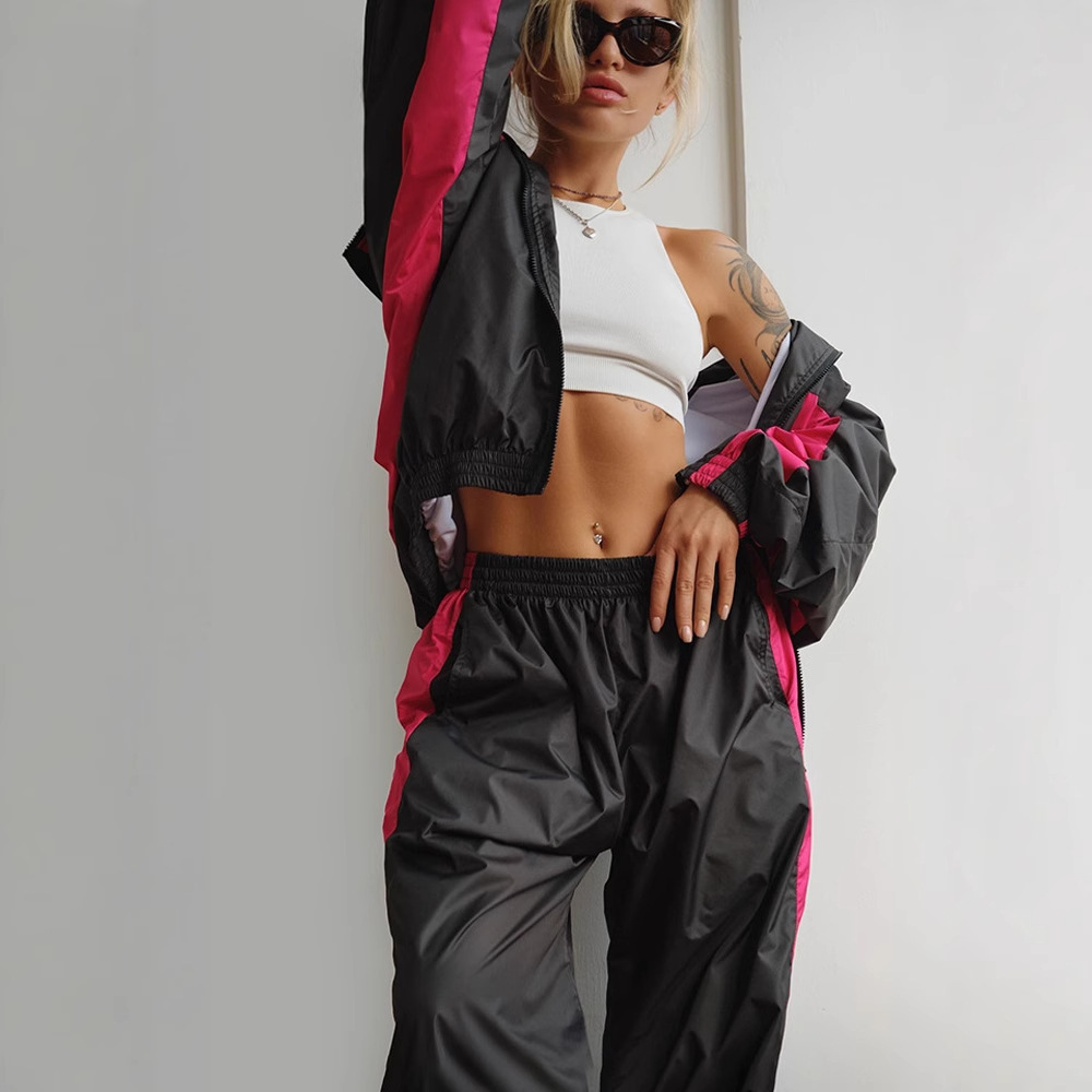 Survêtement femmes costume sportif 2 pièces Ensemble manteau pantalon tenues Patchwork taille élastique Pantalon 2025 automne Ensemble vêtements de sport