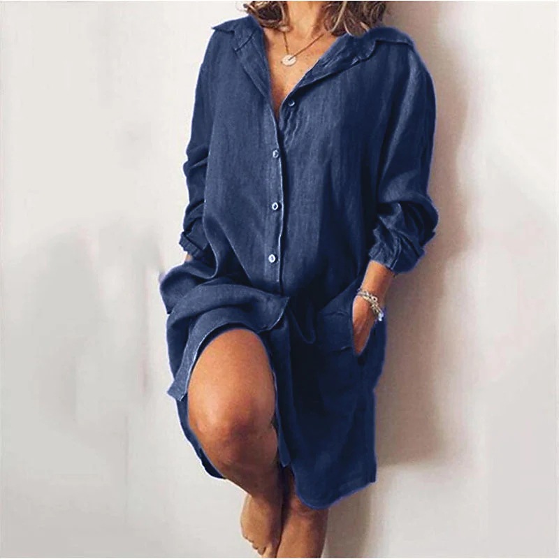 Chemisier femme 2026 décontracté automne-printemps en coton et lin à manches longues couleur unie boutonnage simple chemise longue vêtements pour femmes
