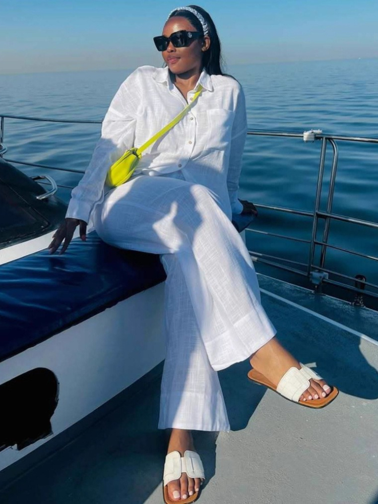 Ensemble deux pièces pantalon pour femmes, col rabattu, chemise de travail blanche, décontracté, ample, jambes larges, pantalon Long, taille haute, Streetwear Y2k, 2025