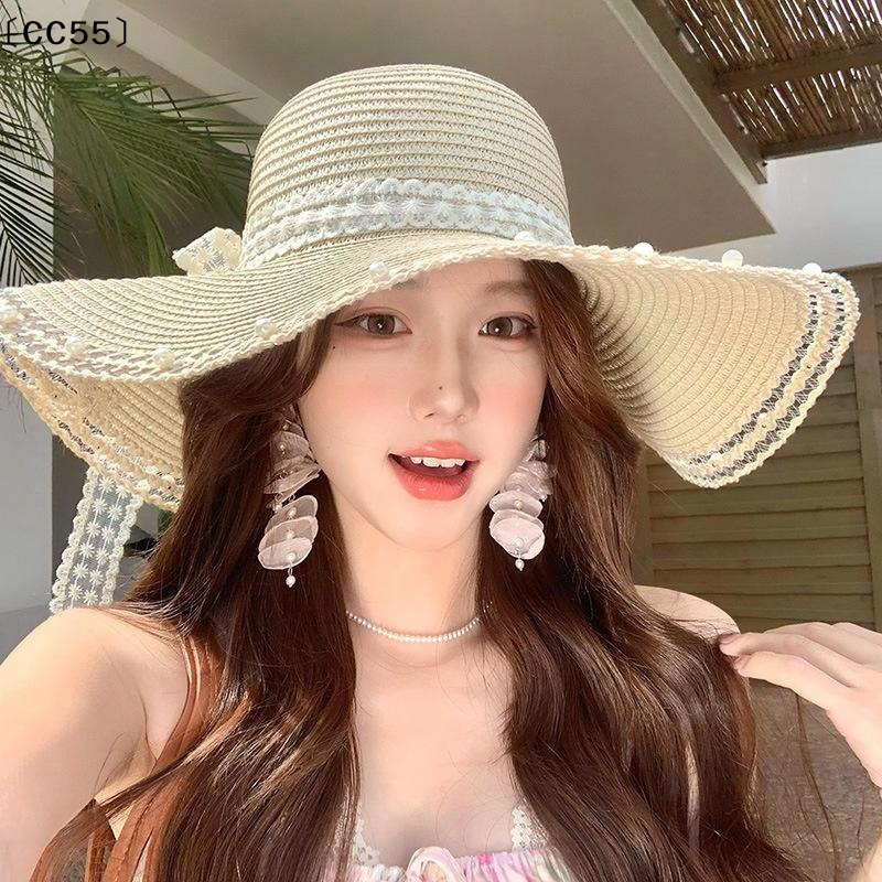 Chapeau de plage à nœud pour femme, chapeau de paille surdimensionné, chapeau d'été à grand bord pour femme, adapté à la protection solaire〔CC55〕