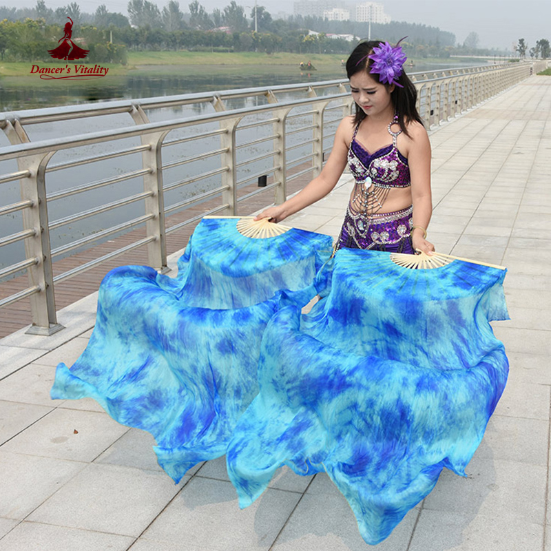 Voiles en éventail teints en soie naturelle pure 100% pour femmes, costumes et accessoires de danse du ventre pour spectacle de danse du ventre, une paire