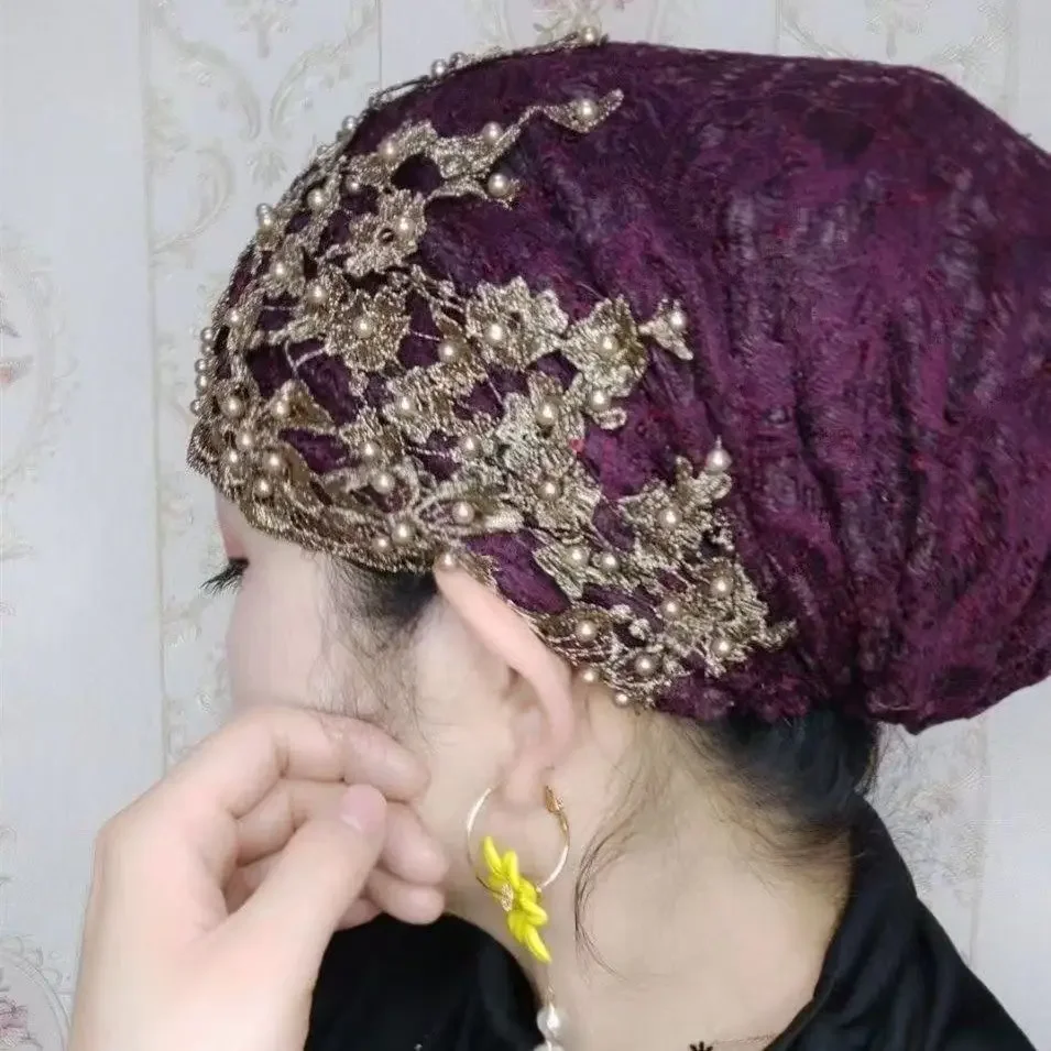 Dames personnalité ethnique perlé chapeau gaze écharpe foulard nouvelle mode foulard pull chapeau dames Baotou chapeau T003