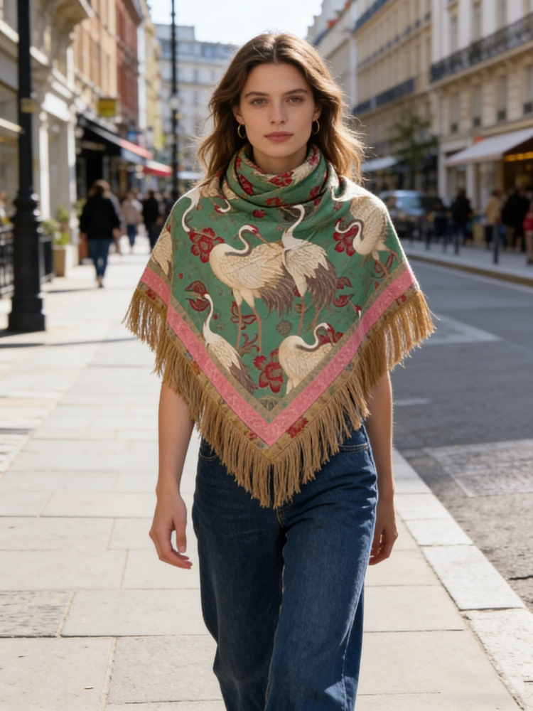 Écharpe carrée en satin soyeux pour femme, motif floral à pompons, avec bordure à franges olive, accessoire féminin Printemps 2026