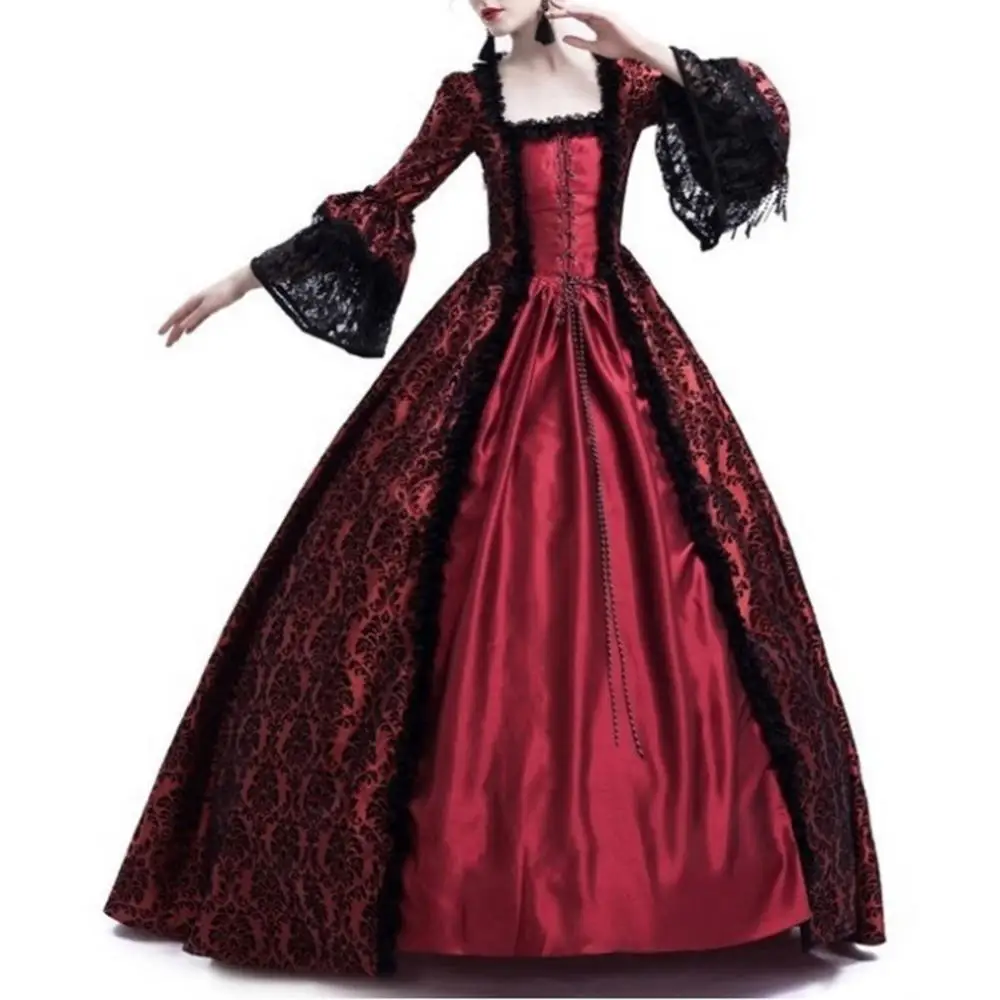 Robe longue vintage médiévale gothique pour femme, col carré, manches évasées, patchwork de dentelle, robe moulante