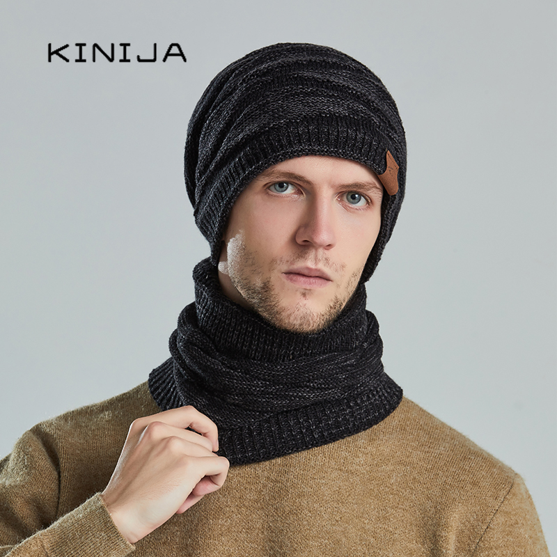 Ensemble bonnet et écharpe d'hiver pour homme et femme, bonnets en tricot pour le ski, le cyclisme, le col chaud en peluche, casquette coupe-vent, bonnets épais en laine pour femme