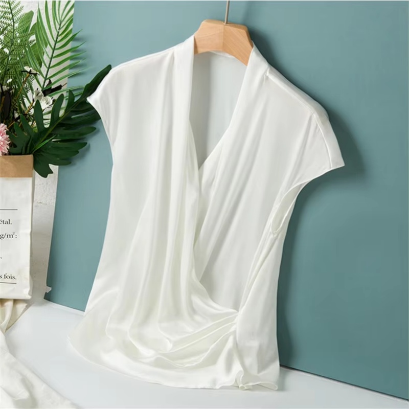 Chemisier élégant en satin pour femme, chemisier de bureau sexy à col en V, chemises décontractées unies à manches courtes, hauts de soirée pour femme, printemps et été