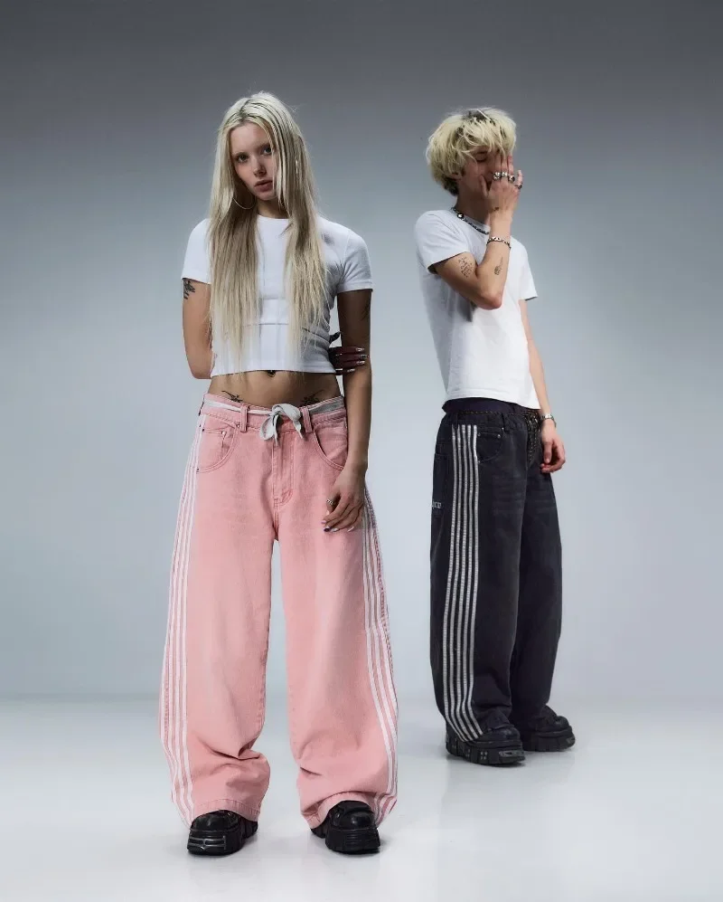 Streetwear Baggy Jeans Hommes Femmes Y2K Rayé Brodé Simple Jeans Décontractés Harajuku Rétro Lâche Pantalon À Jambes Larges Pantalon Unisexe