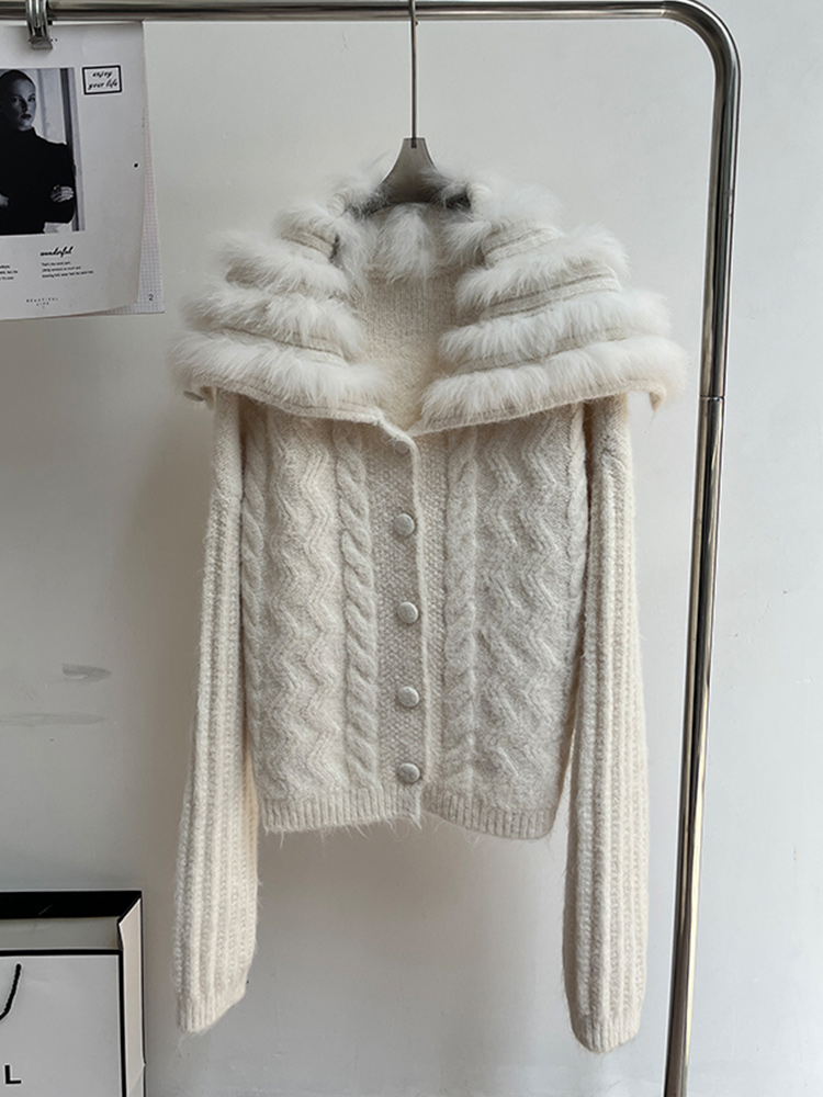 Automne femmes manteau tricoté Cardigan pull réel naturel fourrure de renard rayure col de luxe femme manches longues vestes