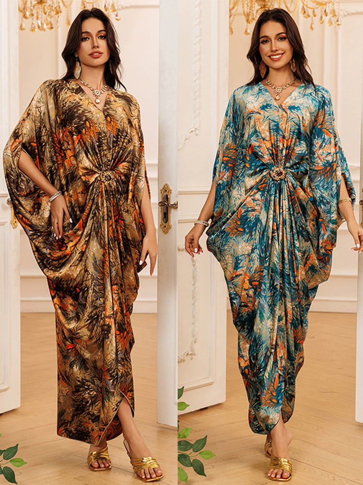 Eid femmes Robe musulmane Abaya imprimer col en V fête Jalabiya Ramadan robes longues Abayas robes Largos caftan arabe longue Robe 2025