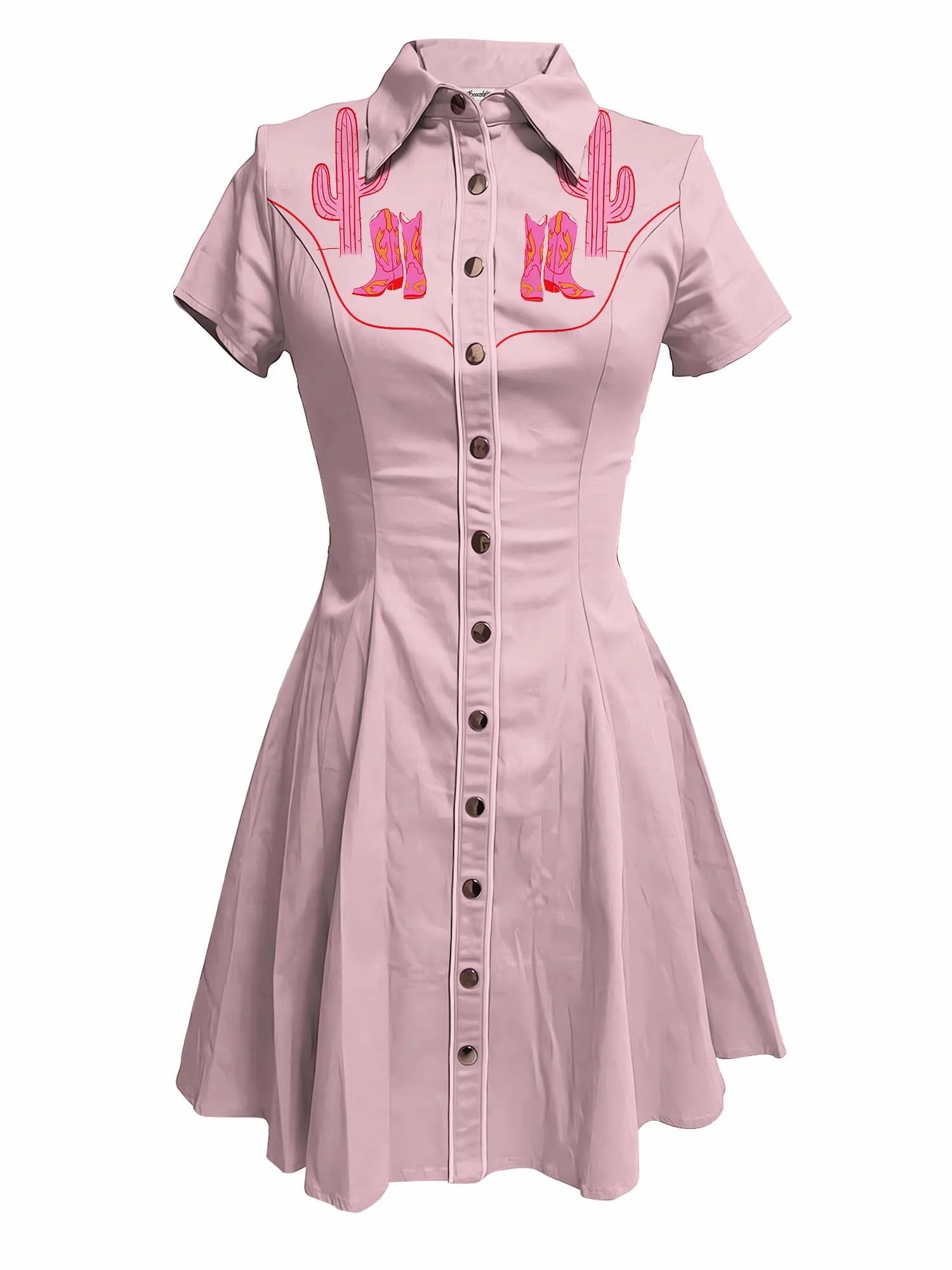 Robe de Cowboy imprimée Cactus rétro occidental pour femmes, Unique, boutonnée, manches courtes, 100% coton, rose, Streetwear d'été