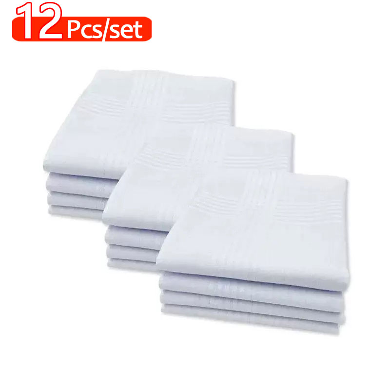 Mouchoirs en coton doux blanc pour hommes, 12 pièces, couleur unie, pour manger du mariage, essuyage des aliments, exercice de sueur