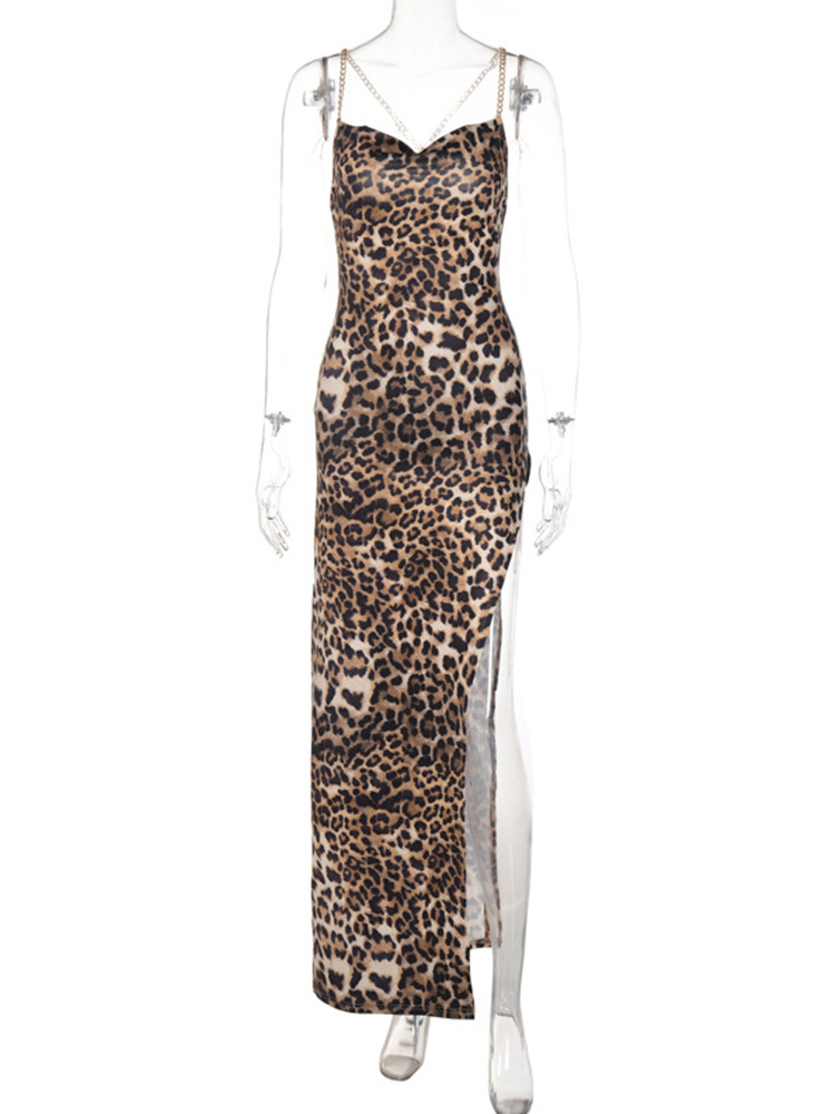 JOStrap-Robe maxi à imprimé léopard pour femme, fente latérale, dos nu, tambour, sexy, streetwear, festival, soirée élégante, 2024