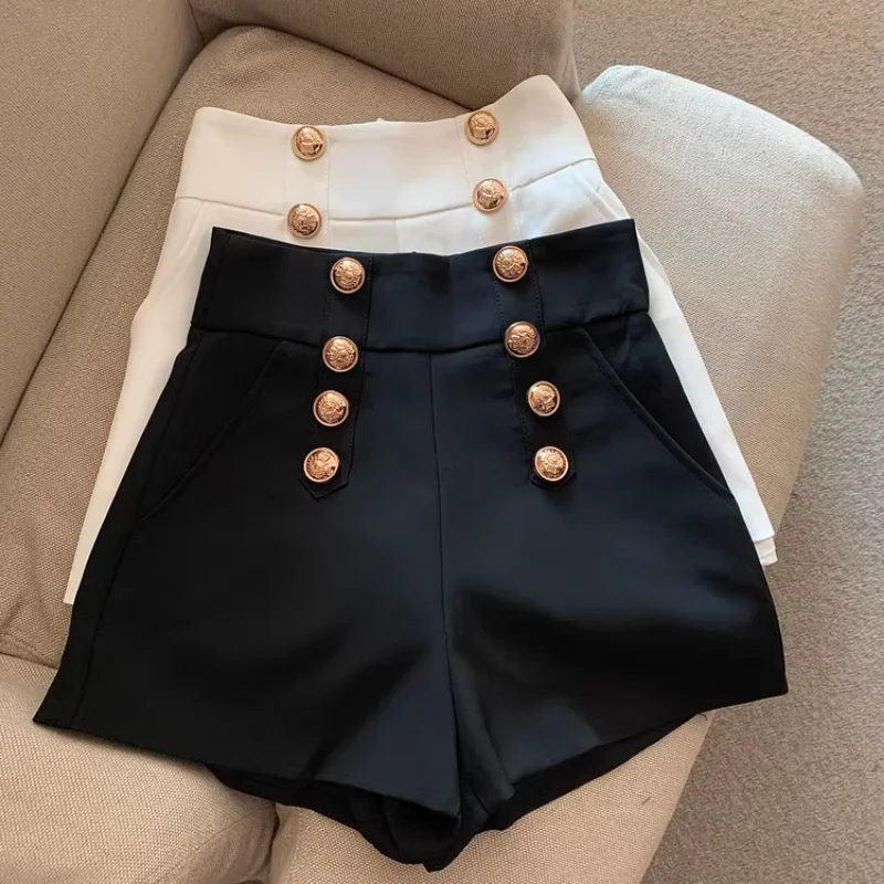 Shorts noirs imbibés pour femmes, pantalons à double boutonnage, jambe large, vêtements d'extérieur décontractés sauvages, chauds, châssis, nouveau
