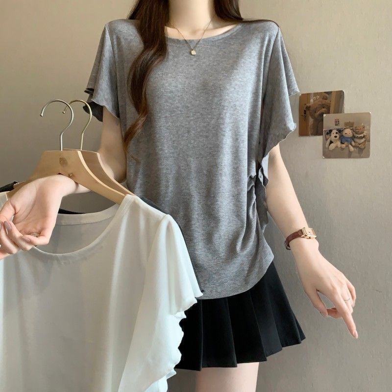 T-shirt d'été pour femmes grandes tailles, nouveau style uni, coupe ample, amincissant, dissimulant les imperfections, à volants irréguliers et manches courtes