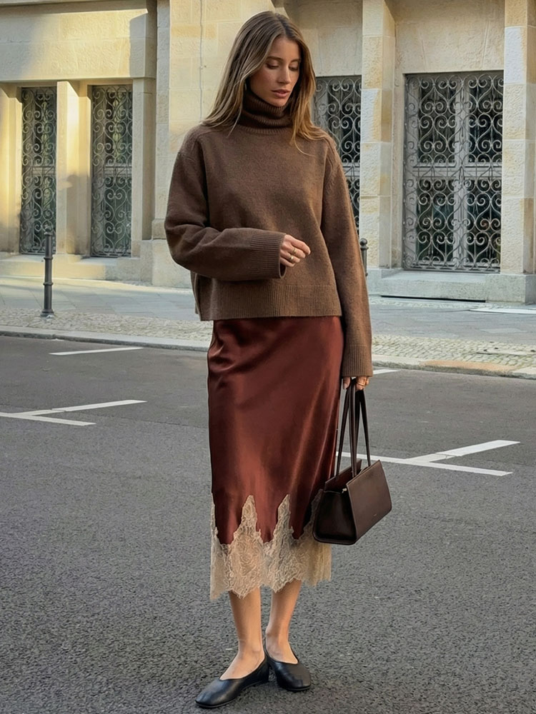 Jupe mi-longue en dentelle patchwork pour femme HH, jupe en satin à taille haute et slim, tendance estivale, jupe élégante pour soirée chic ﻿ Femme