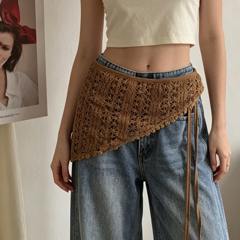 Écharpe triangulaire Y2K ajourée à franges pour femme, accessoire de superposition ajustable pour le printemps, polyvalente, à porter en ceinture ou à la hanche, tendance