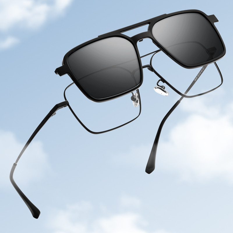 Hommes classique polarisé pince sur lunettes de soleil pilote Double faisceau en alliage de titane lunettes cadre optique rétro parasols lunettes