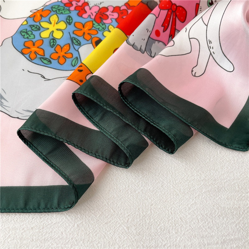 Foulard carré en soie Imitation chat de dessin animé, foulard de tête multifonction pour femmes, printemps et été