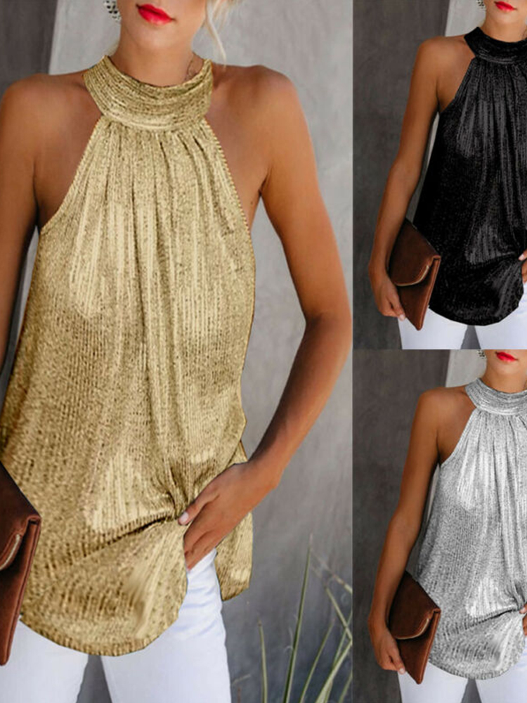Femmes chemisier doré 2025 nouvelle mode col haut sans manches Hatler débardeur gilet été décontracté ample Blouse chemise t-shirt