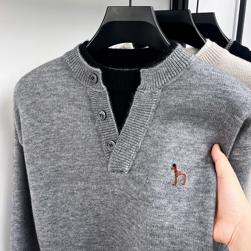 Pull de luxe à manches longues pour hommes, faux deux pièces, boutons, blocs de couleur, broderie, tricot confortable, vêtements de loisirs pour hommes