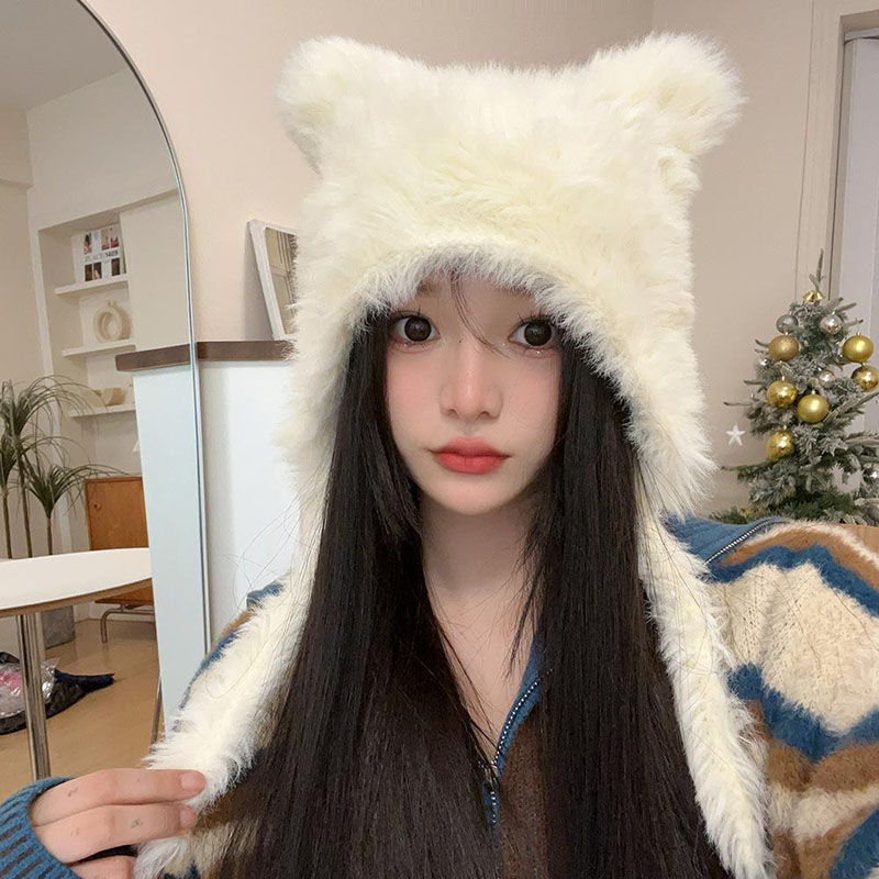 Chapeau d'hiver en peluche pour femmes, bonnet chaud de Protection des oreilles, bonnet pour filles, mignon, couleur unie, fausse fourrure, tricoté chaud