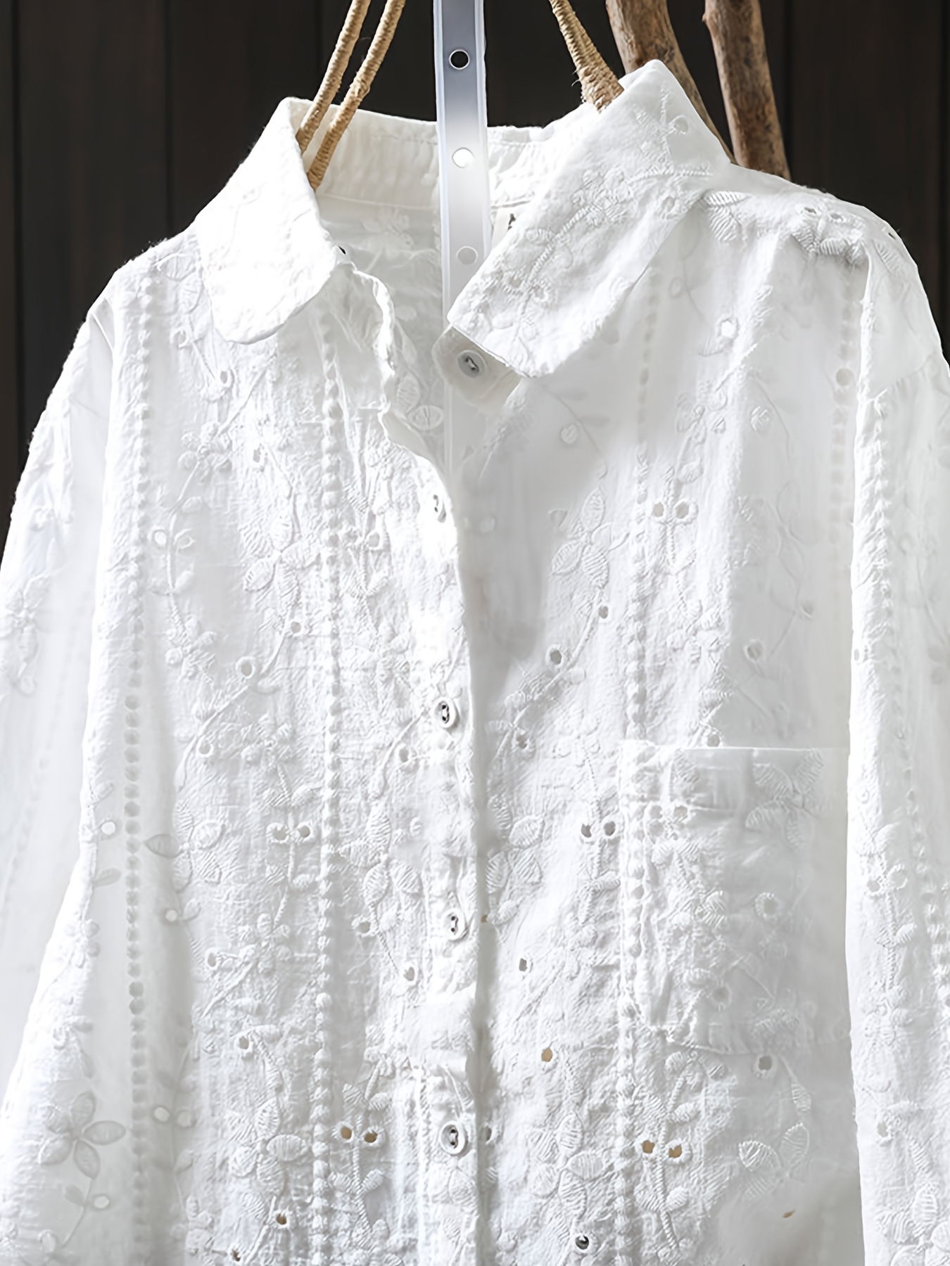 Chemisier blanc vintage ajouré pour femme, chemise ample en coton à manches longues, haut décontracté à superposer
