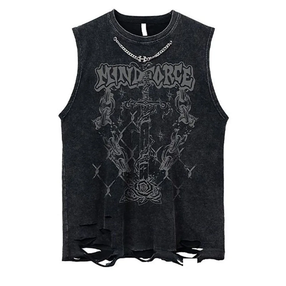 Gilet délavé décontracté pour hommes, nouvelle mode d'été, trou polyvalent imprimé, collier en métal, T-Shirt sans manches pour hommes