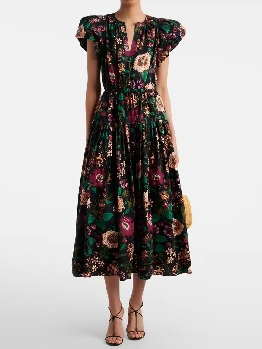 Robe midi à fleurs pour femmes, 100 % coton, col en V, manches courtes, taille haute, robe décontractée pour femmes.
