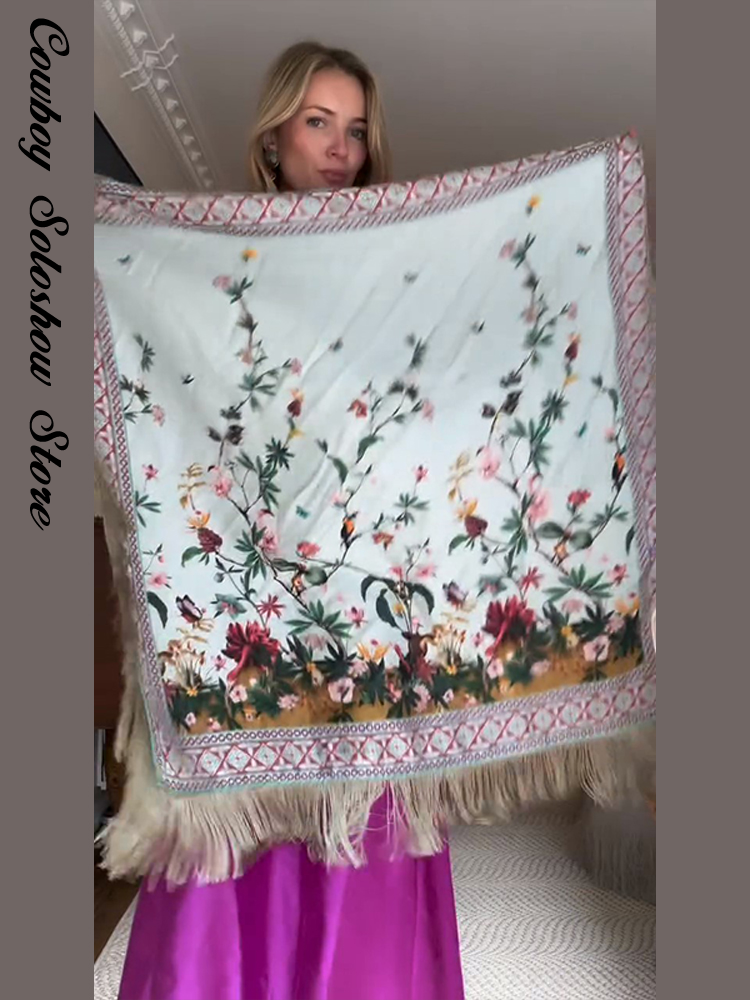 Écharpe carrée vintage imprimée à franges et patchwork pour femme, vert, mode décontractée, style urbain, châle de printemps 2026