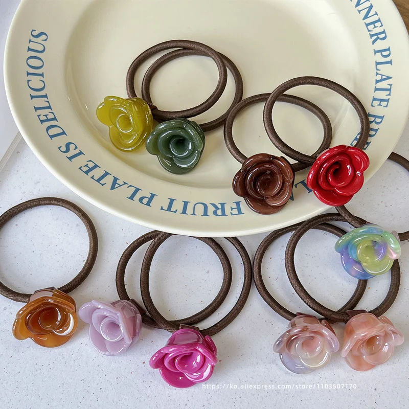 Anneau de cheveux de fleur de rose française, Corée du Sud, Corde de tête de queue de cheval haute attachée, Boule de tête de bourgeon de fleur, Corde de cheveux de tendon de feuille