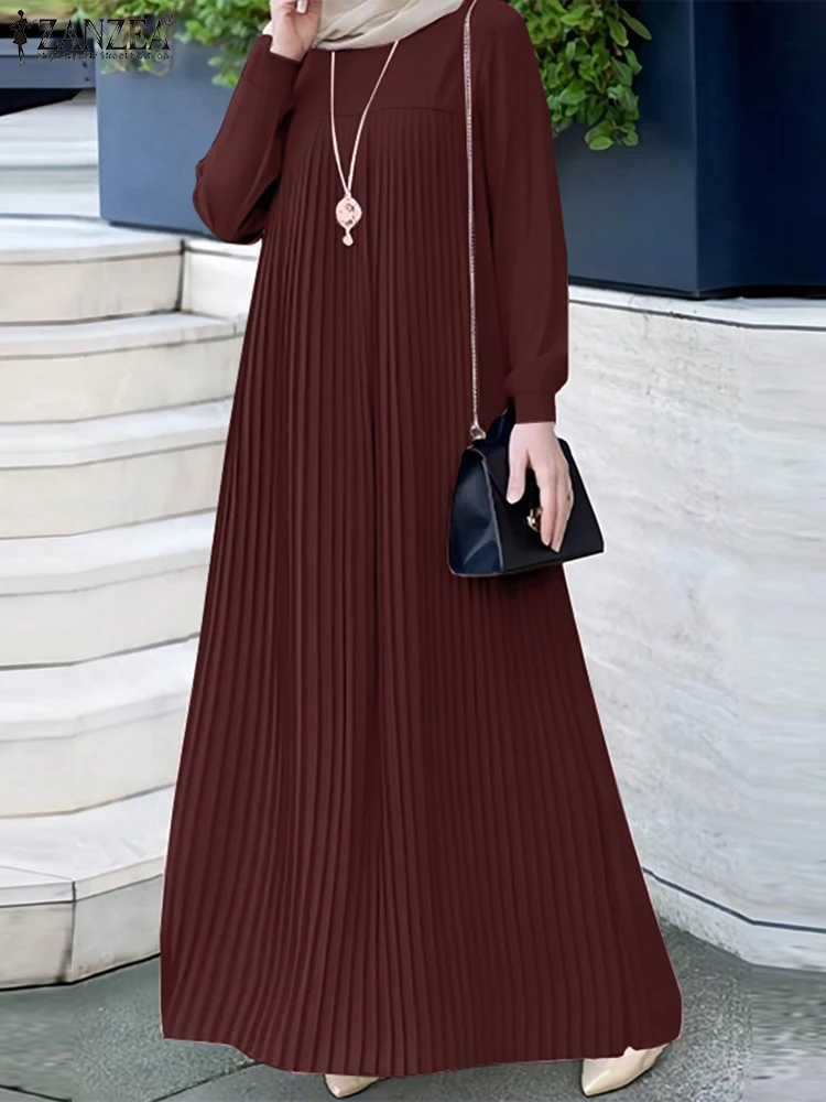 2025 ZANZEA musulman Abaya Hijab Robe femmes élégant à manches longues plissé Robe d'été dubaï Maxi Robe mode décontracté islamique vêtements