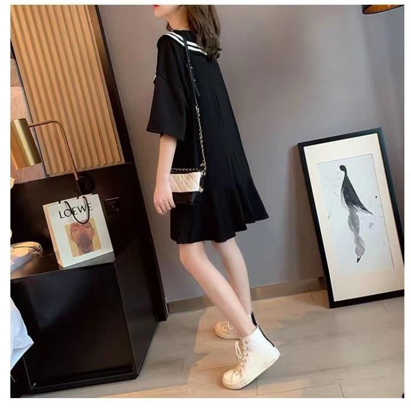 Preppy Style noir ample t-shirt robe été nouveau à manches courtes couleur unie rayé Patchwork hauts doux mode femmes vêtements