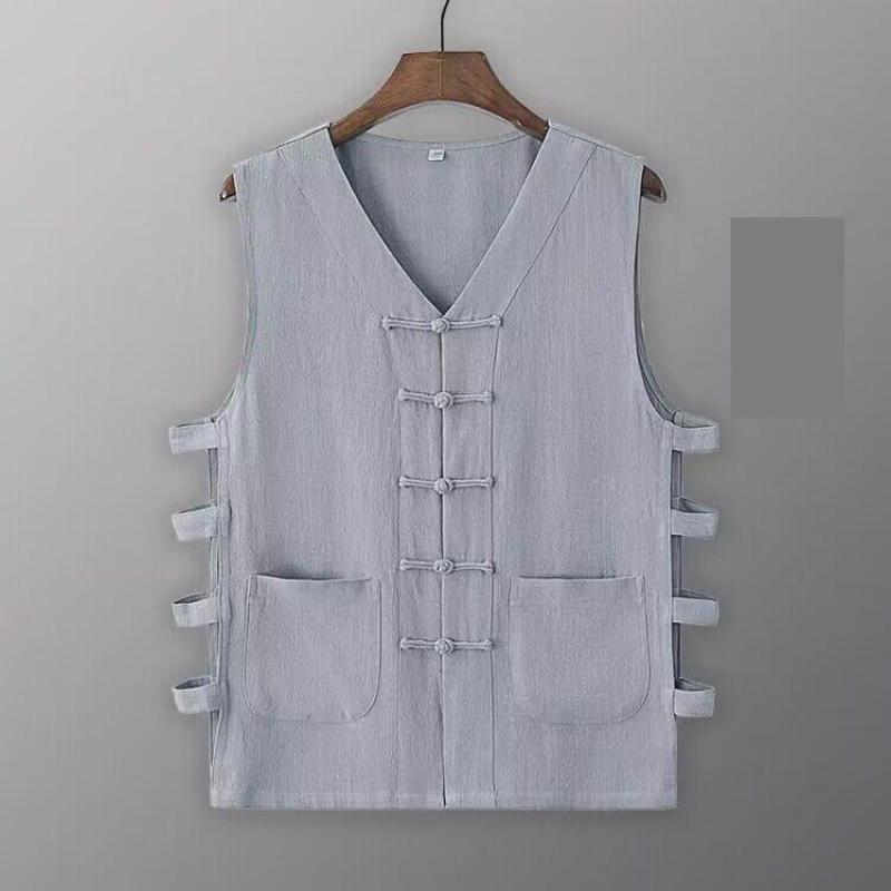Gilet Kung Fu Vintage en coton et lin pour hommes, Cardigan ouvert sans manches, débardeur d'été, costume Tang traditionnel, vêtements chinois