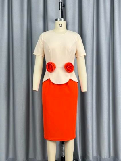 Nouvelles Robes Élégantes pour Femmes, Col Rond, Manches Courtes, Fleurs 3D, Peplum, Colorblock, Coupe Ajustée aux Hanches, Style Décontracté et Professionnel
