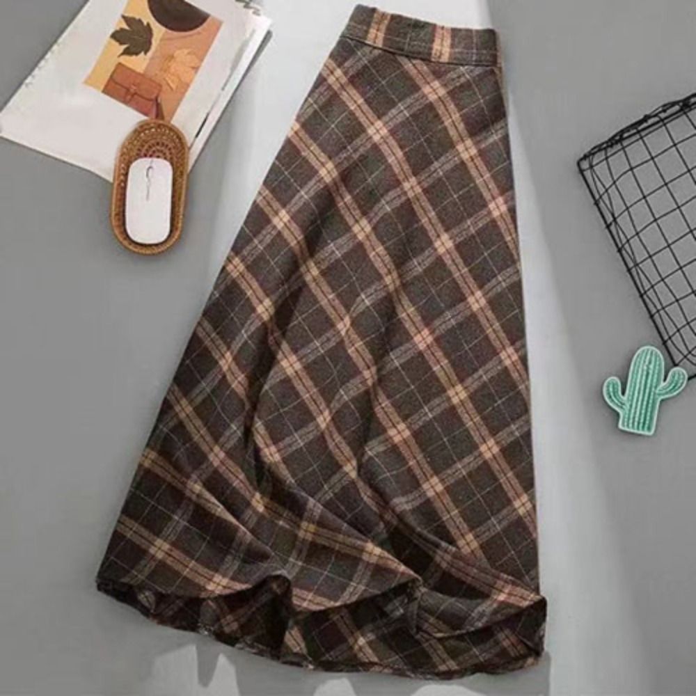 Taille haute rétro jupe à carreaux coupe ajustée hiver automne taille haute jupe longue Style Preppy esthétique a-ligne demi robe filles
