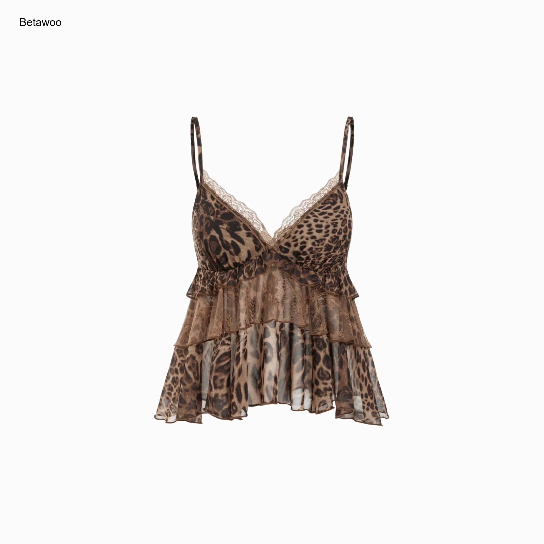 Haut caraco léopard en dentelle pour femme, col en V, ourlet à volants, transparent, sexy, sans manches, style bodycon