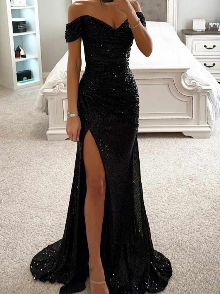 Robe longue à paillettes pour femmes, robe de soirée sexy pour dames, robe de Rhà col slash, robe haute fendue, robe éducative, mode élégante, hors initié