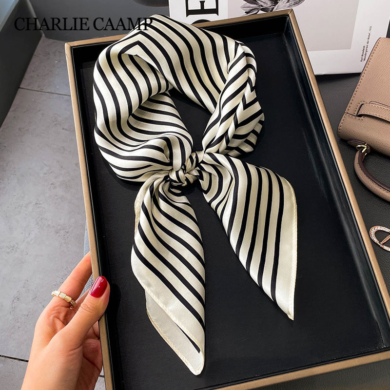 Foulard carré en soie à rayures géométriques pour femmes, 70x70, Simple, cadeaux, bandeau en Satin de haute qualité, châle, foulards de cou