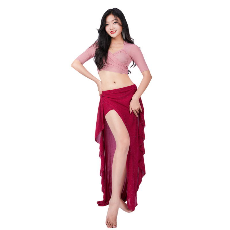 Costume de danse du ventre pour femmes, haut Sexy à manches courtes, vêtements de Performance pour adultes, jupe en gaze pratique professionnelle, tenue de spectacle d'été
