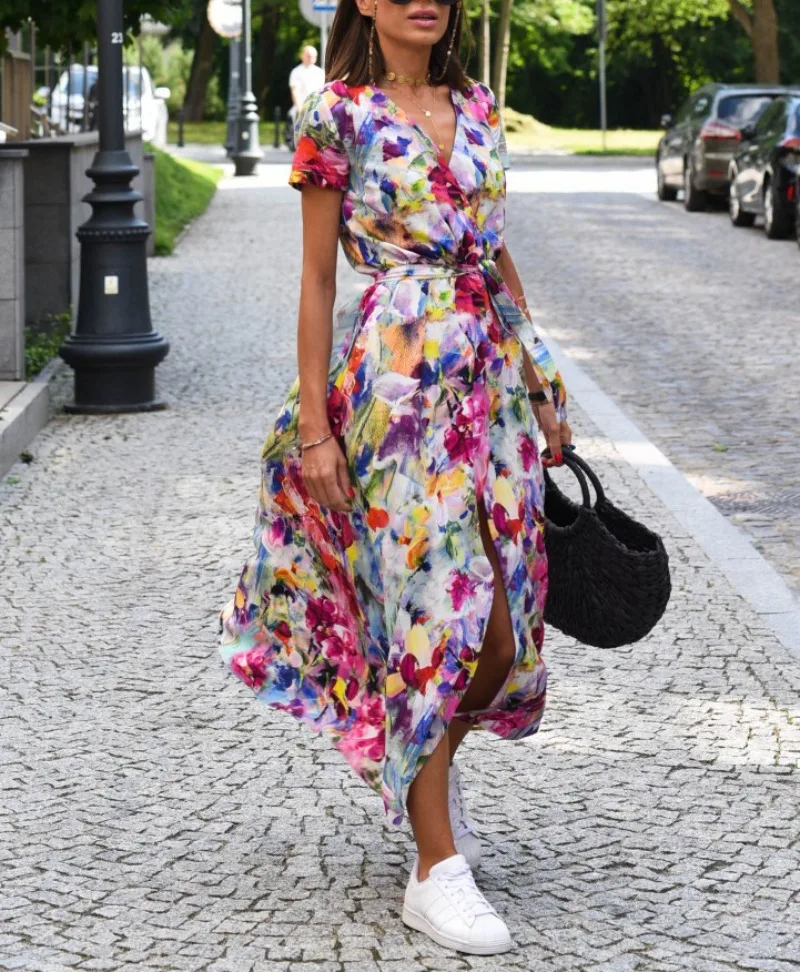 Robe ample décontractée à la mode pour femmes, cravate florale, col en v, imprimé fendu, manches courtes, longue robe
